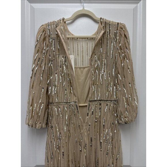 Mac Duggal Size 6 Beige 93889 Beaded Sequin High Neck Midi Cocktail Dress New - Picture 7 of 10